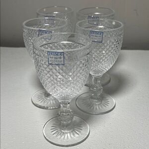 Vintage 50's Handmade Clear Glass Diamond Point Goblets Ivima Portugal Set 5